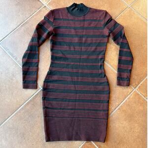 Mugler Vintage Wool Blend Striped Mock Neck Fitted Sweater Dress w Flaw - size L